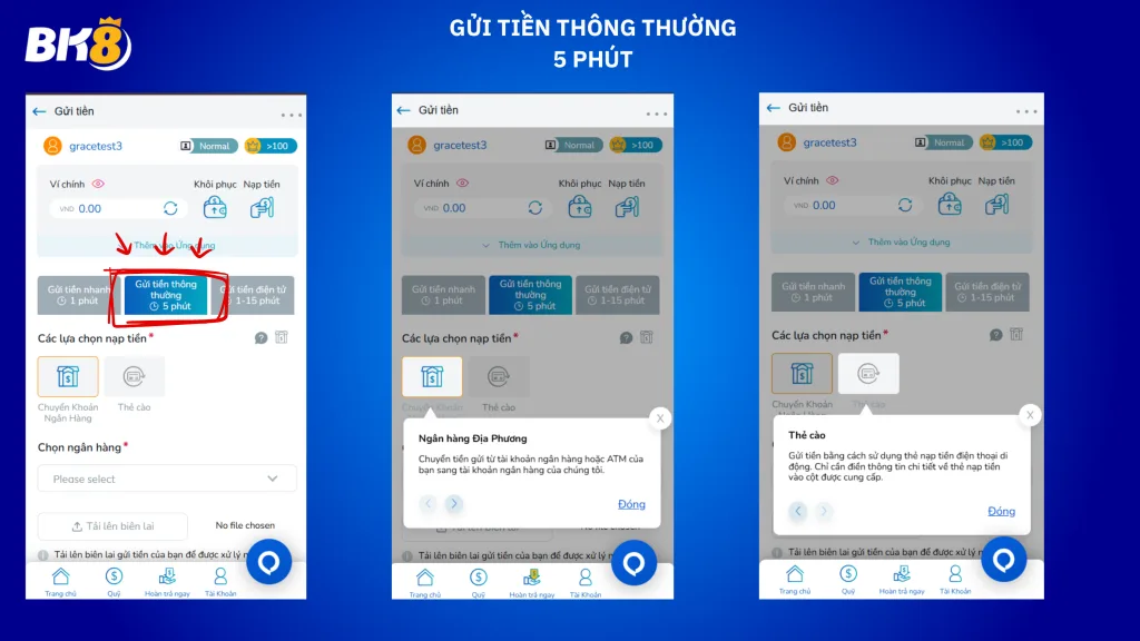 Giao diện nạprút tiền, xác thực 2FA