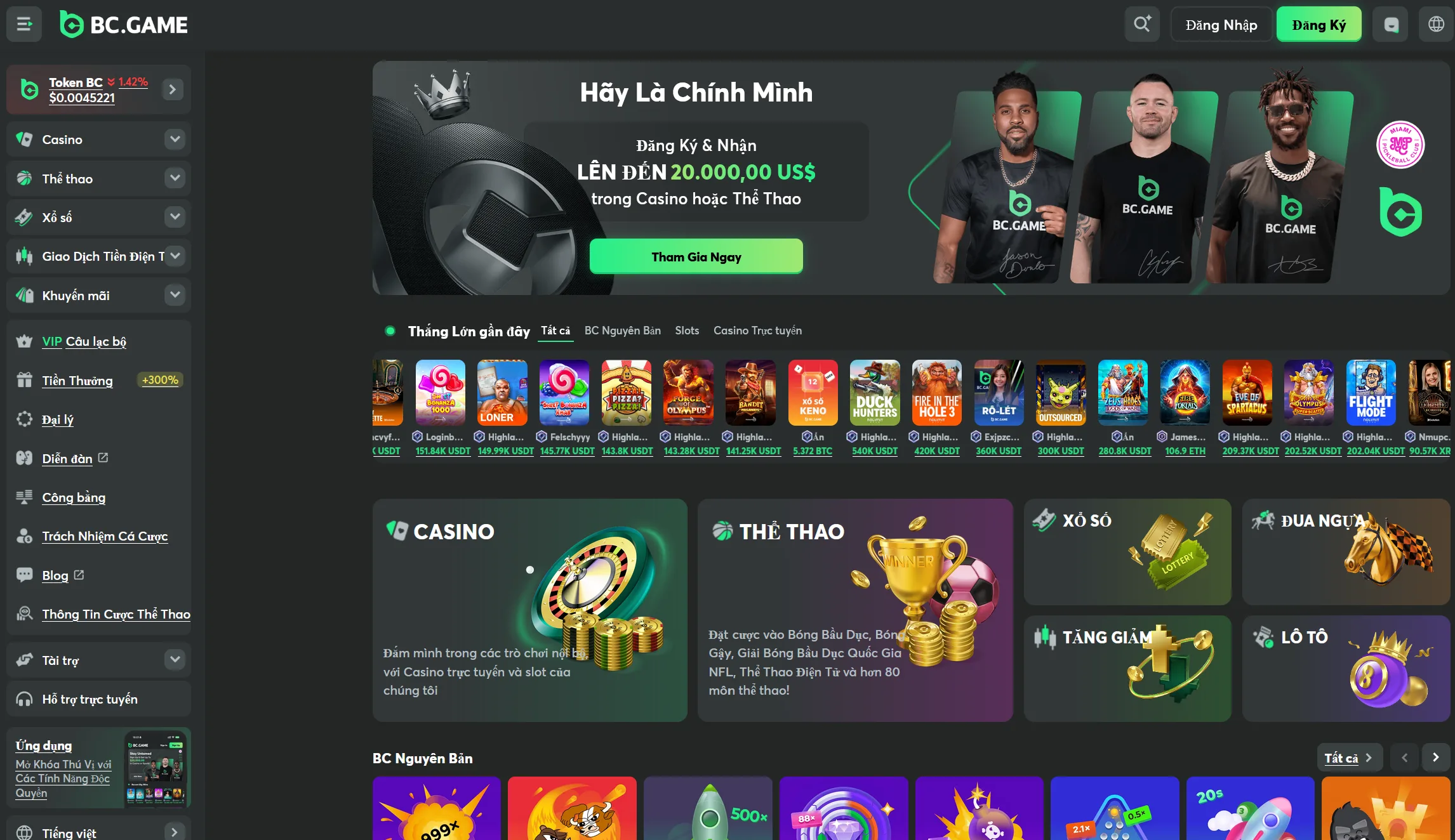 Banner tổng quan BC.Game, giao diện đa dạng trò chơi