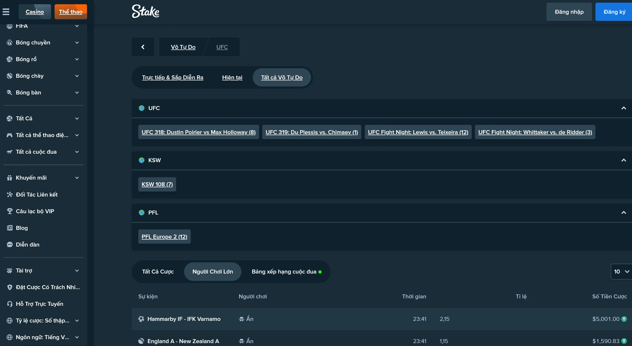 Giao diện cược UFC trên Stake, live stream và tỷ lệ đa dạng