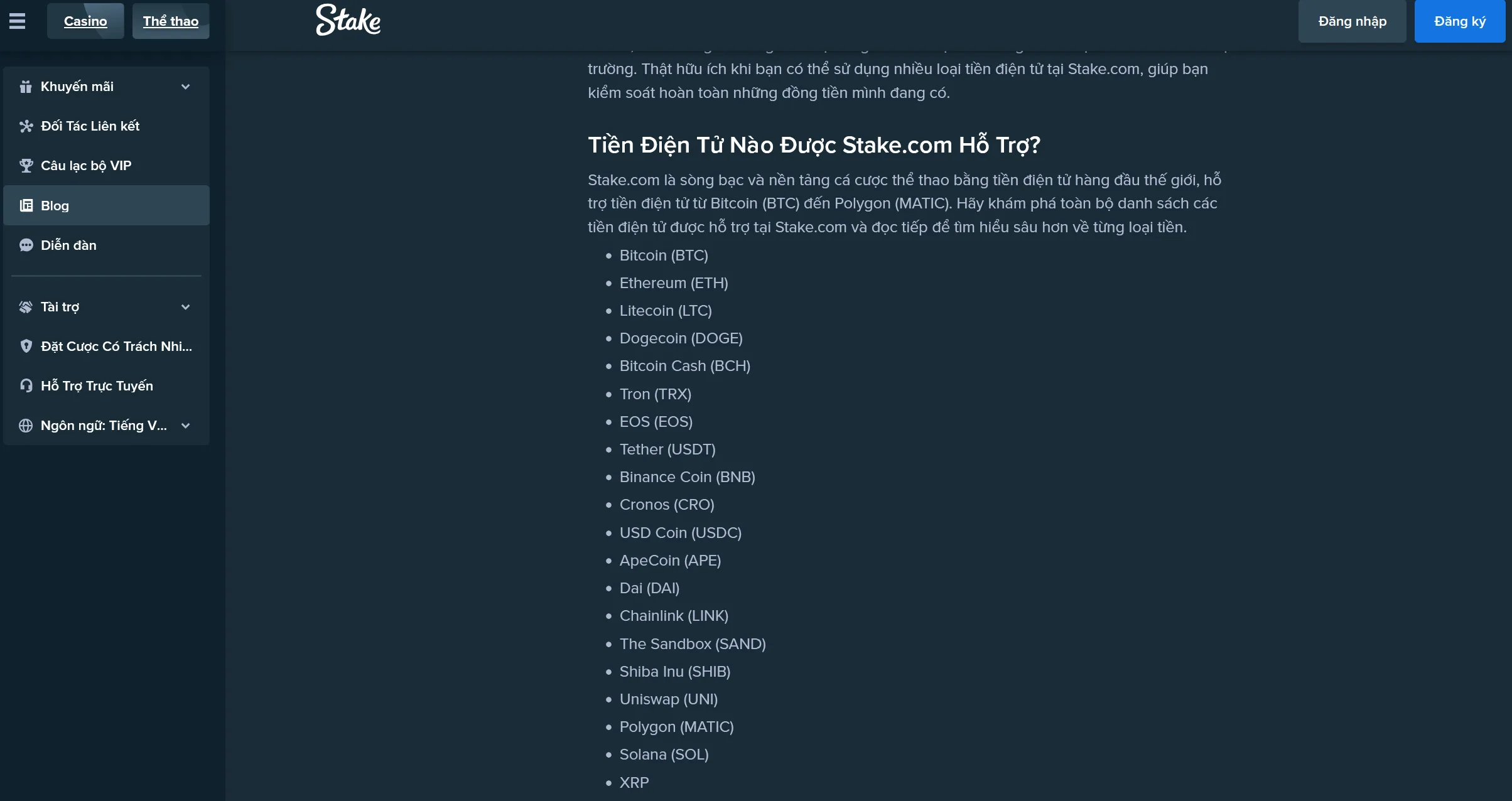 Ví tiền crypto đa dạng trên Stake