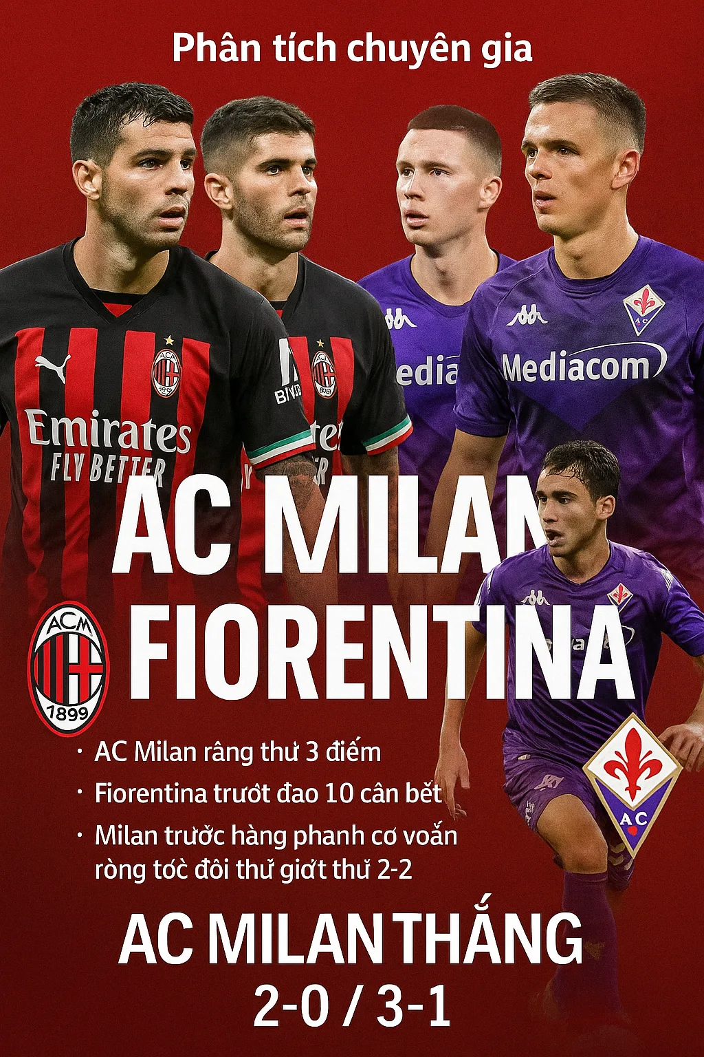 Phân tích chuyên gia – AC Milan tiếp đón Fiorentina Cuộc đối đầu chênh lệch rõ rệt tại San Siro